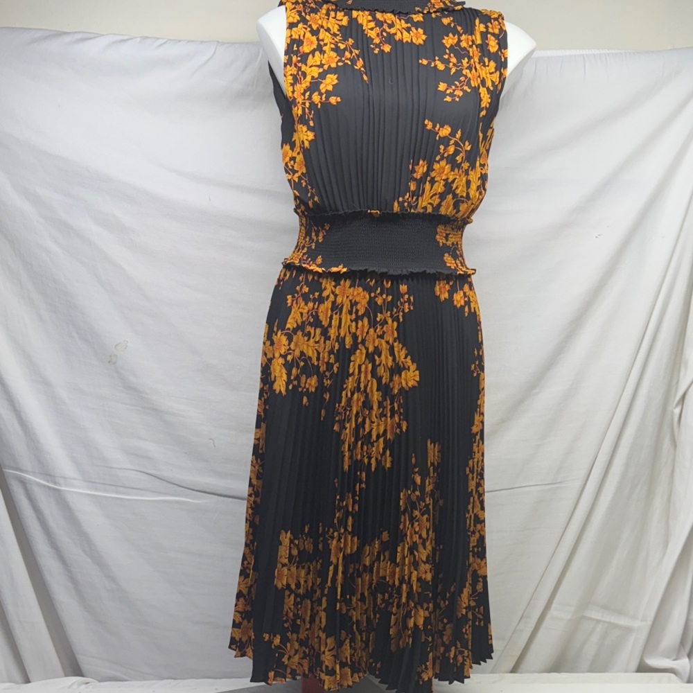 Nanette Lepore Black and Orange Floral Pleated Dress